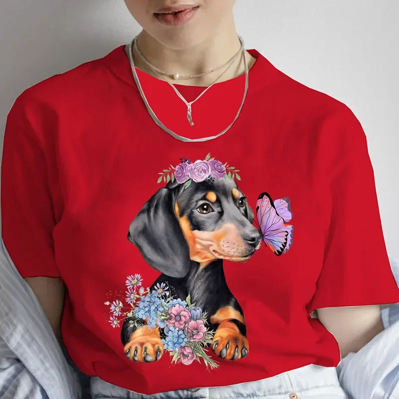 Fashion Cartoon Dachshund Graphic Dog Lover Print T Shirt Crew Neck Short Sleeve