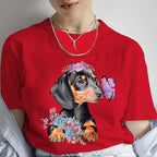 Fashion Cartoon Dachshund Graphic Dog Lover Print T Shirt Crew Neck Short Sleeve