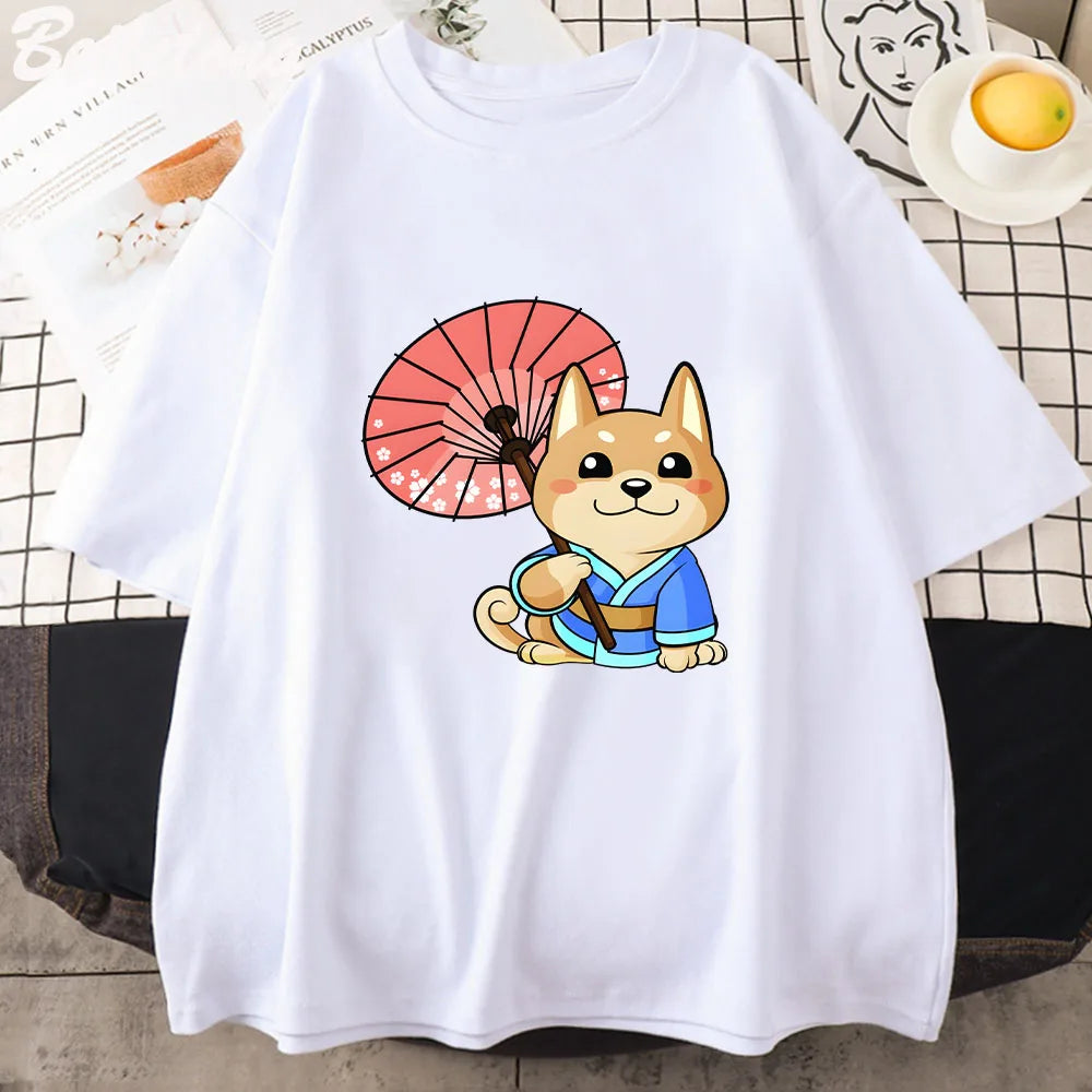Anime Kawaii Dog Cartoon Graphic Print T-Shirt Short Sleeve 100% Cotton