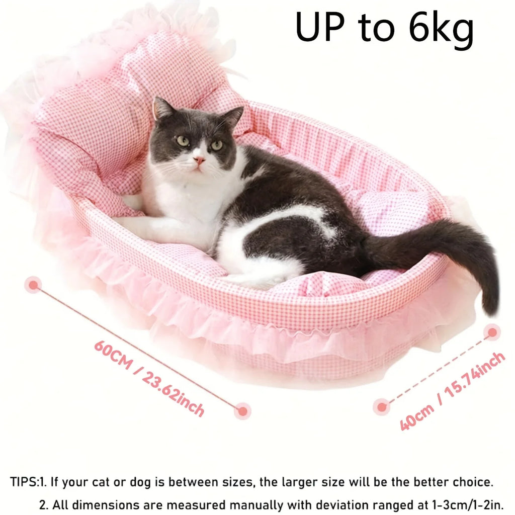 Cute Lace-Trimmed Princess Bed For Winter - Soft Polyester Plush Oval for Small Dogs
