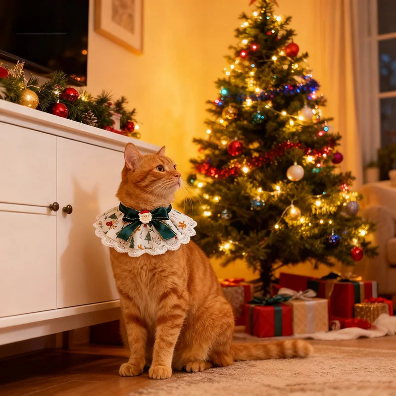 Christmas Pet Bib with Lace Bell Plaid Bow Austable Neckwear
