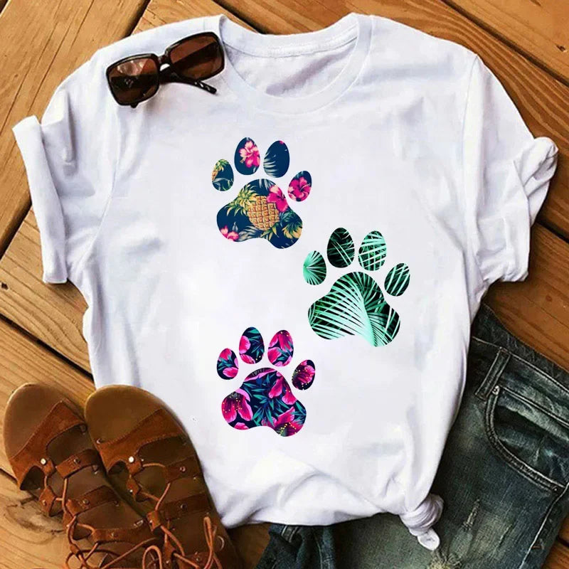 Colorful Heart Dog Paw Print T-shirt Summer Short Sleeve Tee