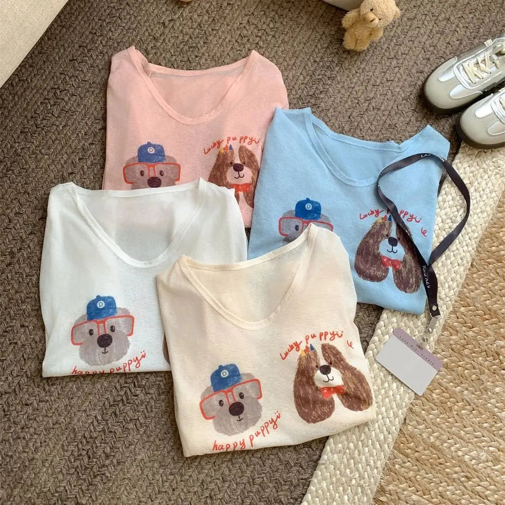Thin Dog Print Graphic T-shirt Cartoon Loose Animal Long Sleeved Top Round Neck