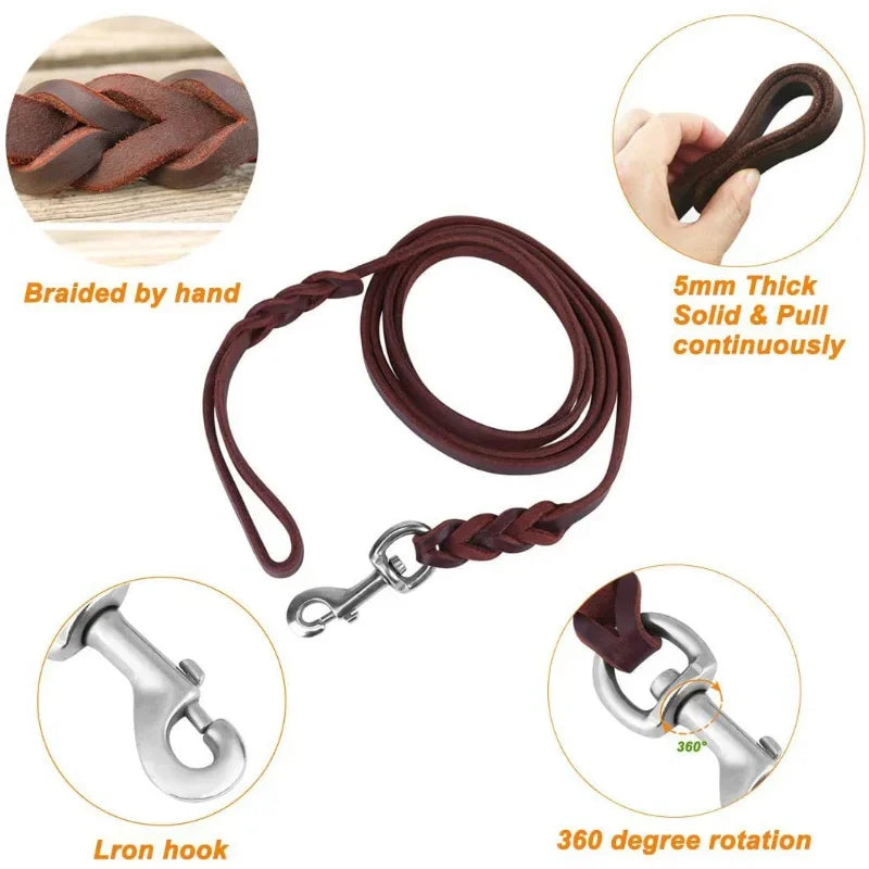 Genuine Leather Leash Braided Pet Walking Training Leads Brown Black Colors