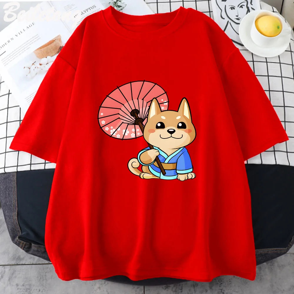 Anime Kawaii Dog Cartoon Graphic Print T-Shirt Short Sleeve 100% Cotton
