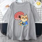 Anime Kawaii Dog Cartoon Graphic Print T-Shirt Short Sleeve 100% Cotton