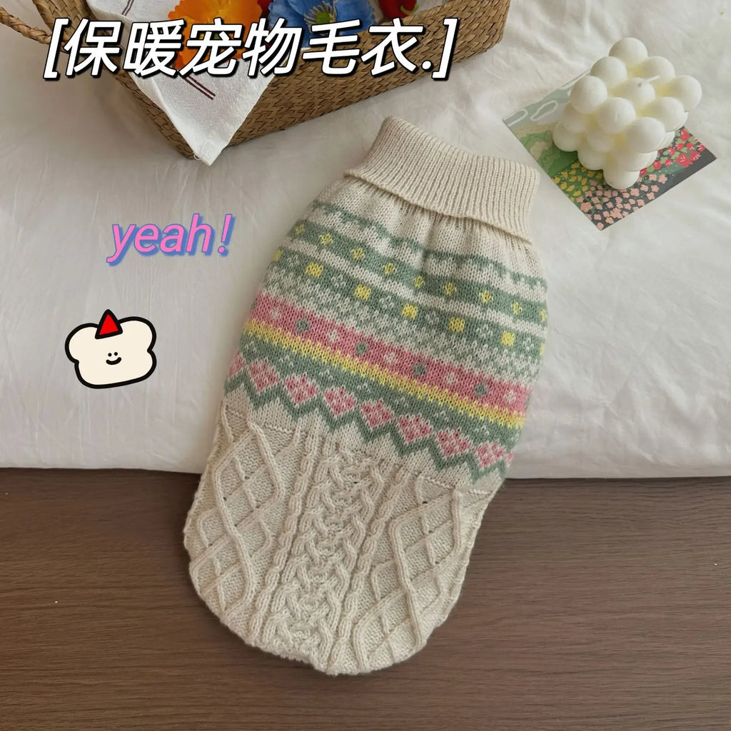 Christmas Dog Sweater, Winter Warm Beige Green Stripe Knitted Pet Clothes for Small Medium Puppy, Xmas New Year Party Wear