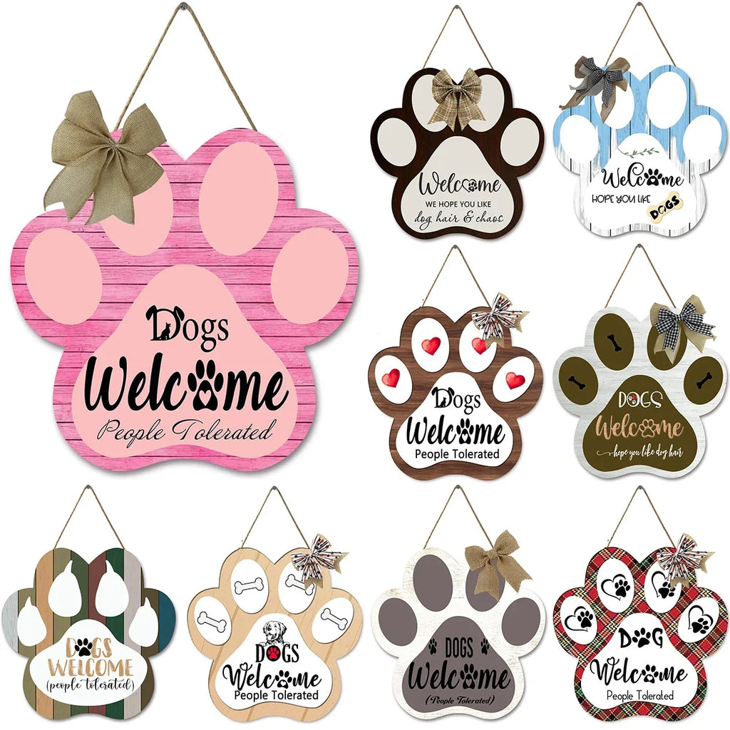 Dog Welcome Sign Wooden Plaque Hanging Paw