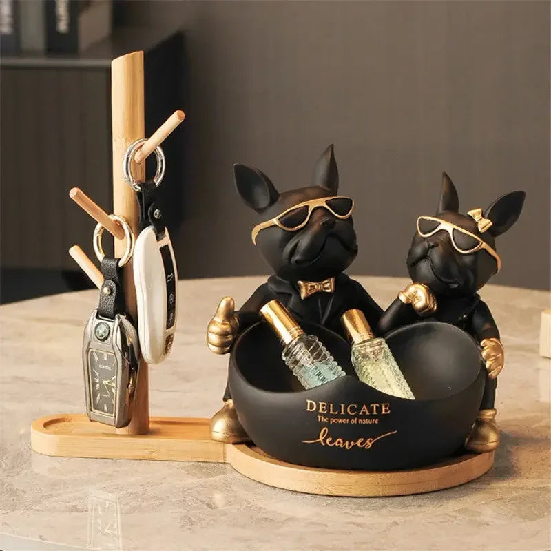 Lovers Bulldog Statue with Bowl Storage Box For Keys Jewelry French Bulldog Figurine