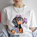 Fashion Cartoon Dachshund Graphic Dog Lover Print T Shirt Crew Neck Short Sleeve