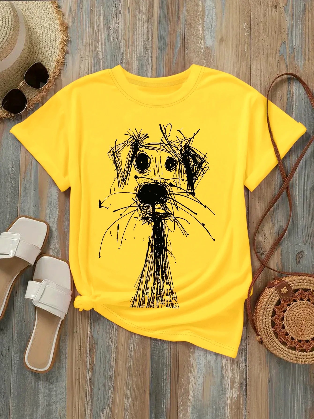 Women's Fashion Printed T-Shirt with Fun Dog Sketch Design Soft Round Neck