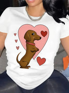 Cute Sausage Dog with Heart Pattern Printed T-shirt Round Neck Summer Short Sleeve