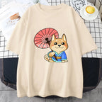 Anime Kawaii Dog Cartoon Graphic Print T-Shirt Short Sleeve 100% Cotton