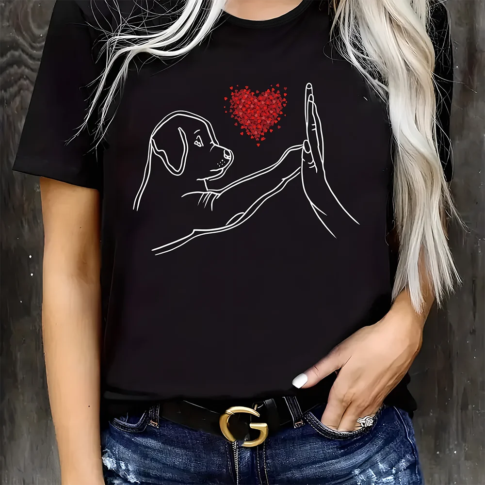 Heart And Dog Graphic Print T-shirt Short Sleeve Crew Neck Casual Top