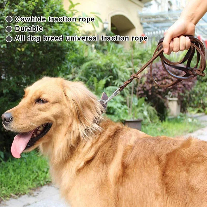 Genuine Leather Leash Braided Pet Walking Training Leads Brown Black Colors