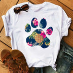 Colorful Heart Dog Paw Print T-shirt Summer Short Sleeve Tee