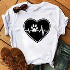 Colorful Heart Dog Paw Print T-shirt Summer Short Sleeve Tee