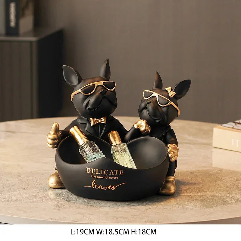 Lovers Bulldog Statue with Bowl Storage Box For Keys Jewelry French Bulldog Figurine