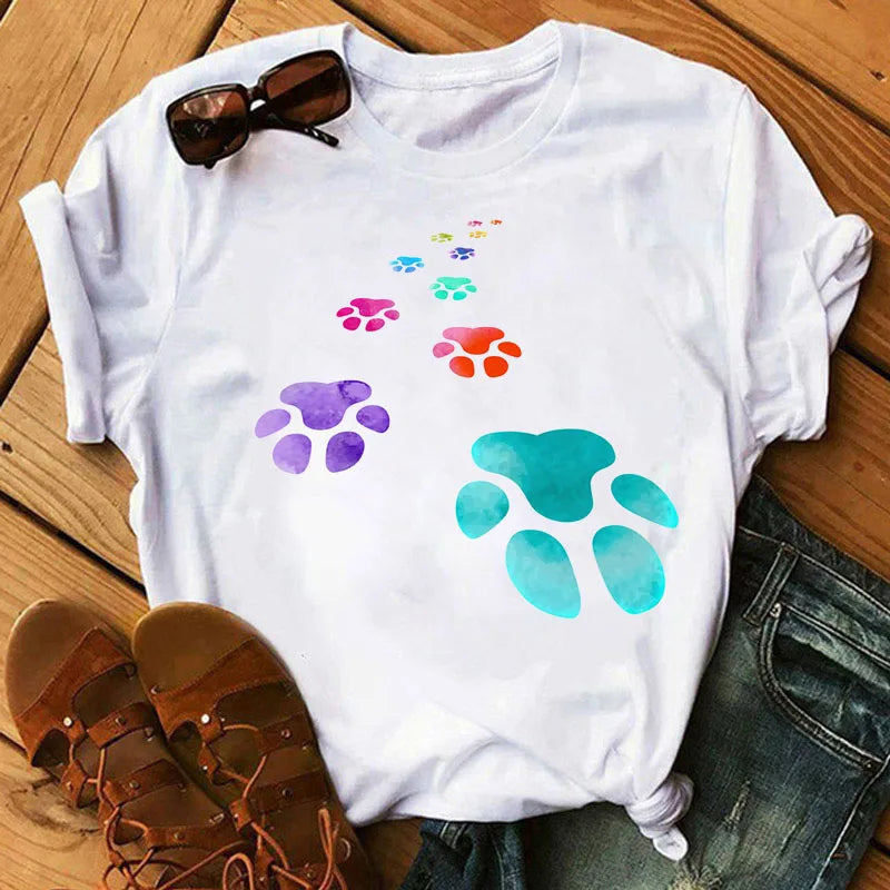 Colorful Heart Dog Paw Print T-shirt Summer Short Sleeve Tee