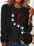 Heart Dog Paw Print T shirt Cute Crew Neck Autumn women's long sleeved loose comfortable black  white