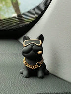 Cute Resin Bulldog Car Decoration With Gold Chain And Glasses – Fun Dashboard