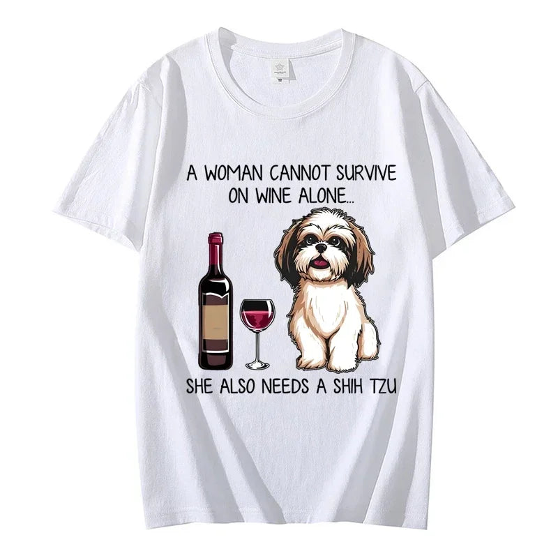 Shih Tzu and Wine Funny Dog T Shirts Women Cute Cartoon Graphic Tops Tee