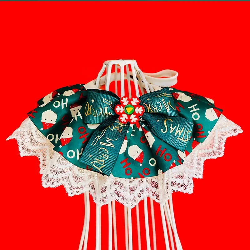 Christmas Pet Bib with Lace Bell Plaid Bow Austable Neckwear