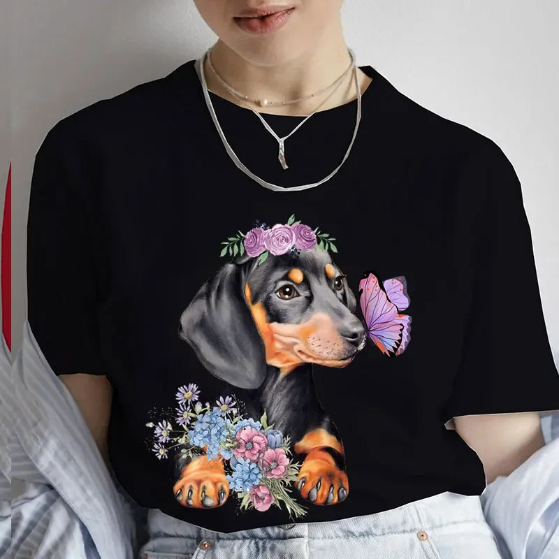 Fashion Cartoon Dachshund Graphic Dog Lover Print T Shirt Crew Neck Short Sleeve
