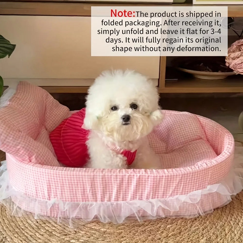 Cute Lace-Trimmed Princess Bed For Winter - Soft Polyester Plush Oval for Small Dogs