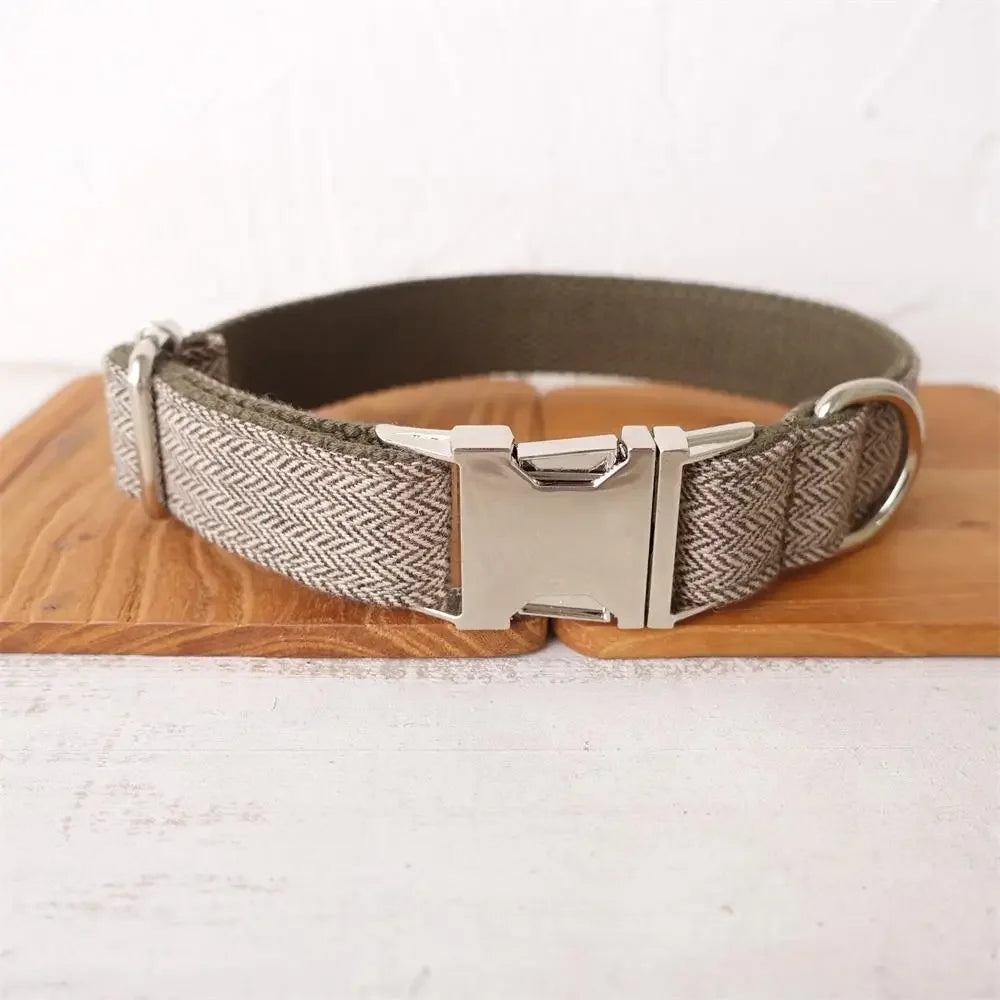 Personalized Dog Collar with Free Engraving, Matching Pet Leash, Metal Buckle, Light Brown