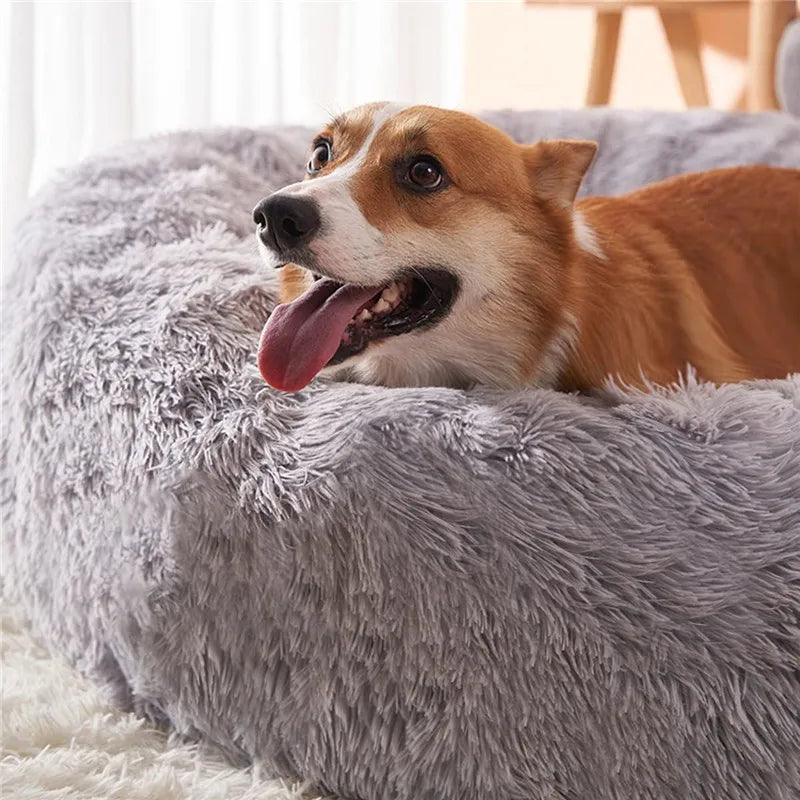Round Pet Bed Super Soft Long Plush Winter Warm Sleeping