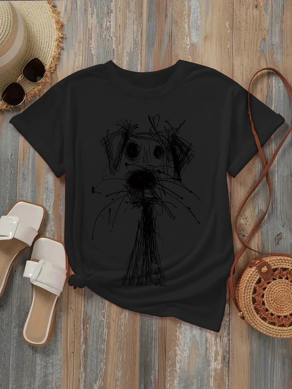 Women's Fashion Printed T-Shirt with Fun Dog Sketch Design Soft Round Neck