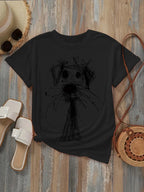 Women's Fashion Printed T-Shirt with Fun Dog Sketch Design Soft Round Neck