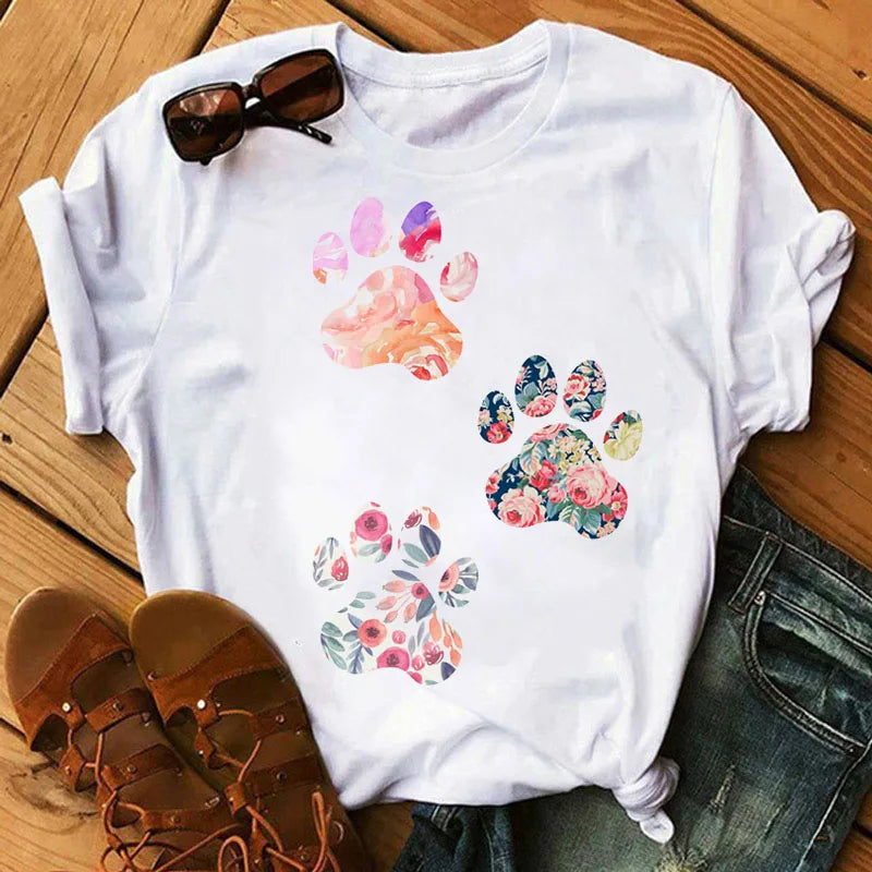 Colorful Heart Dog Paw Print T-shirt Summer Short Sleeve Tee