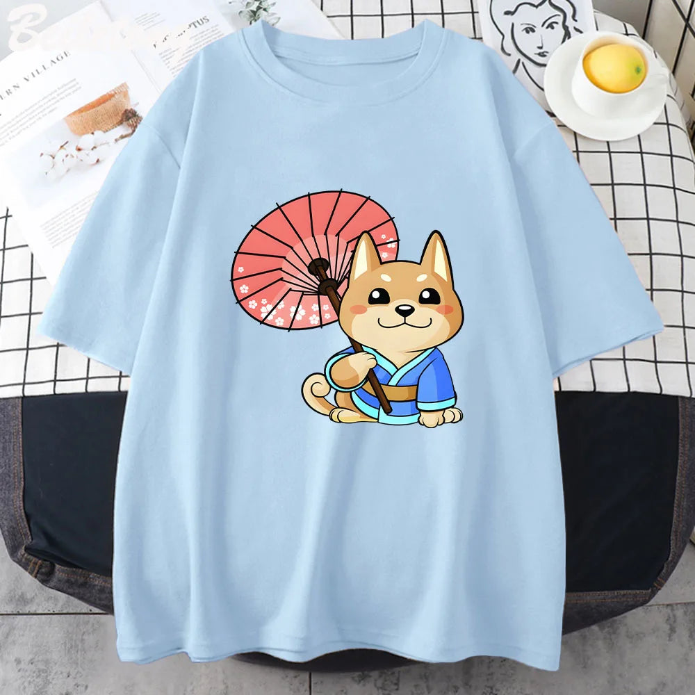 Anime Kawaii Dog Cartoon Graphic Print T-Shirt Short Sleeve 100% Cotton