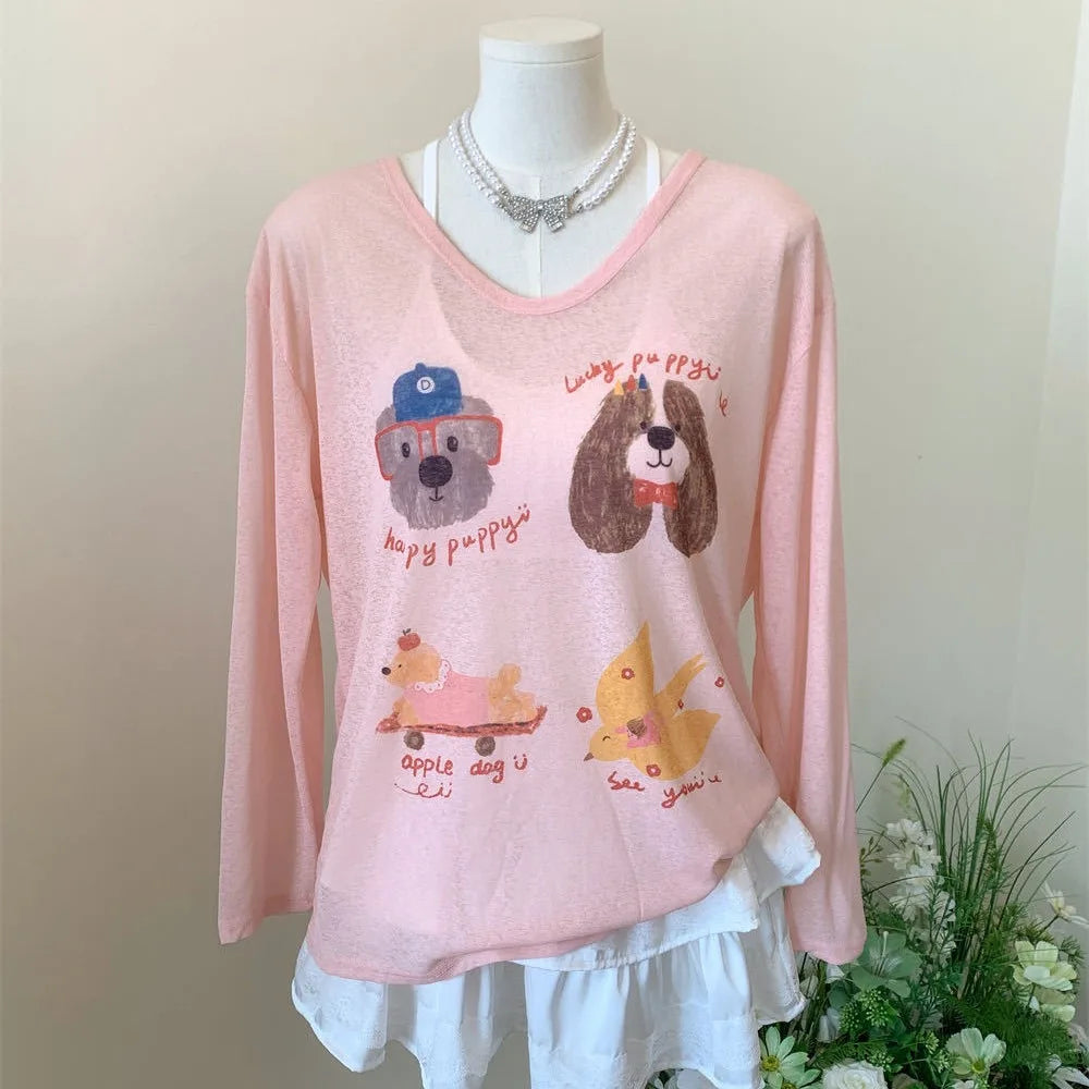 Thin Dog Print Graphic T-shirt Cartoon Loose Animal Long Sleeved Top Round Neck
