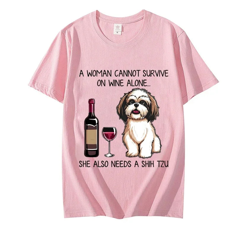 Shih Tzu and Wine Funny Dog T Shirts Women Cute Cartoon Graphic Tops Tee