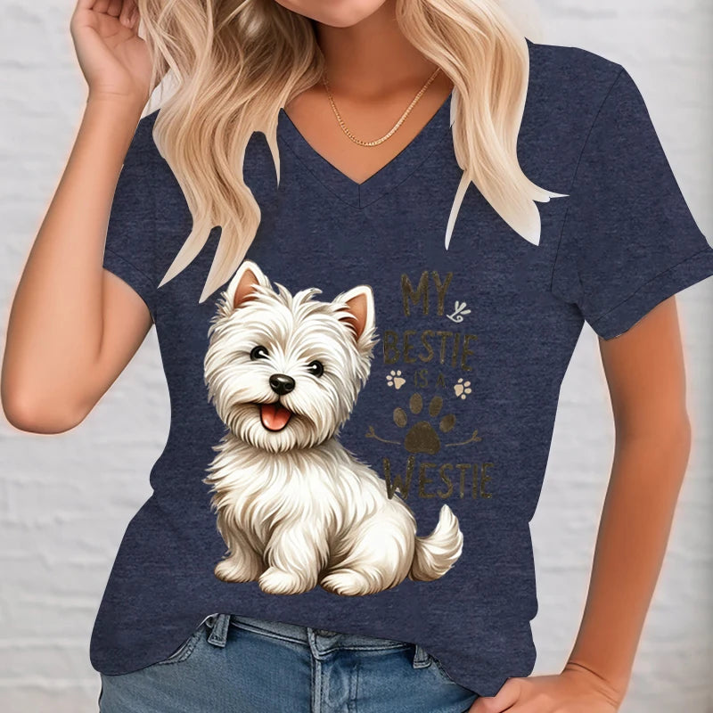Fashion Cartoon Dog T Shirt Women Casual V-Neck Short Sleeve My Bestie