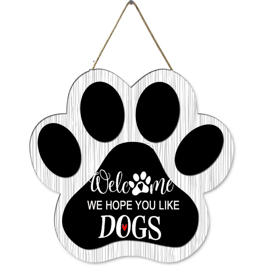 Dog Welcome Sign Wooden Plaque Hanging Paw