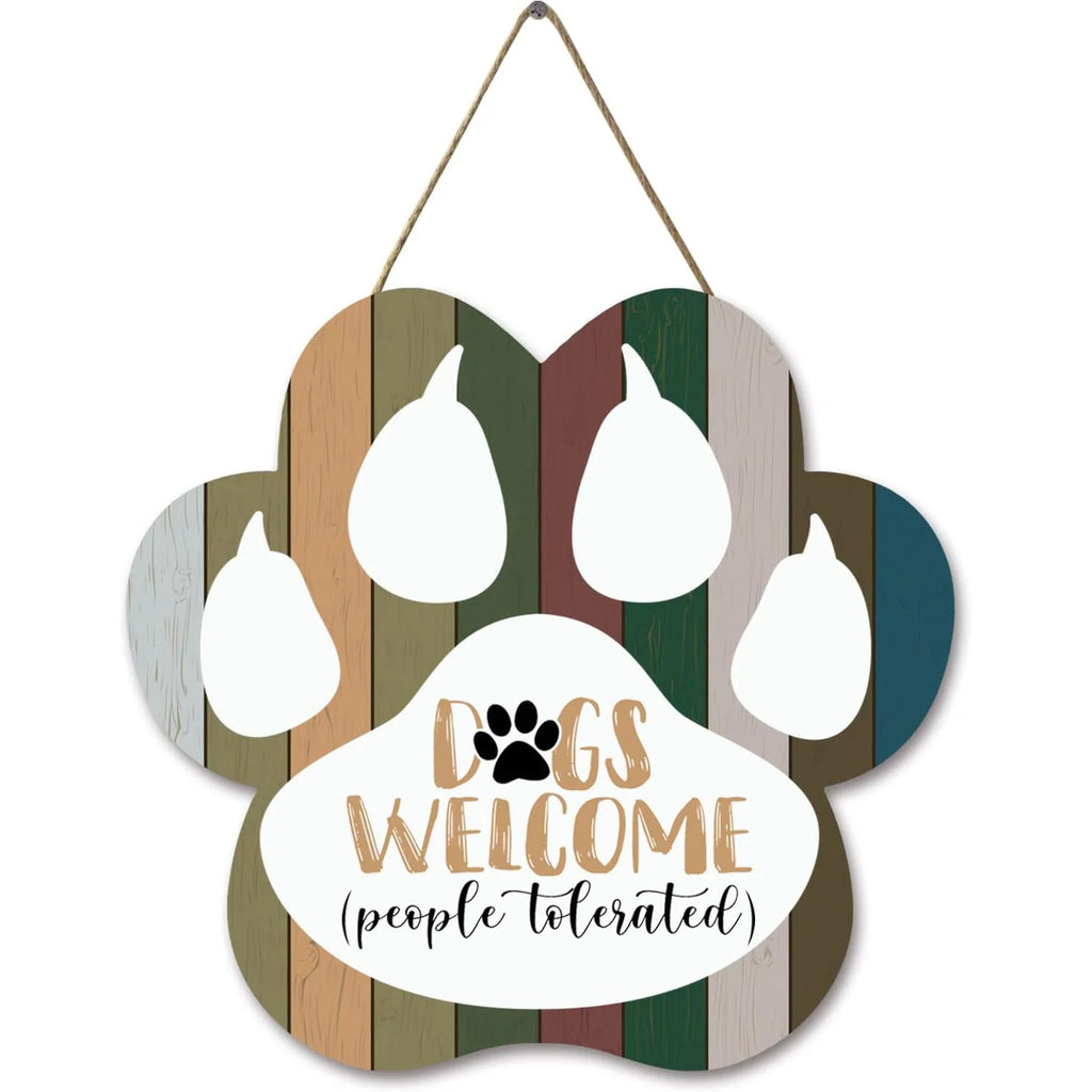 Dog Welcome Sign Wooden Plaque Hanging Paw