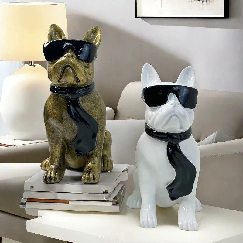 Resin Dog Statues with Sunglasses Cute Animals Figurines Desktop Sculptures