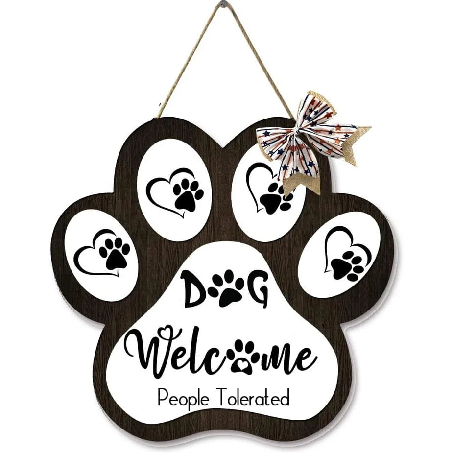 Dog Welcome Sign Wooden Plaque Hanging Paw