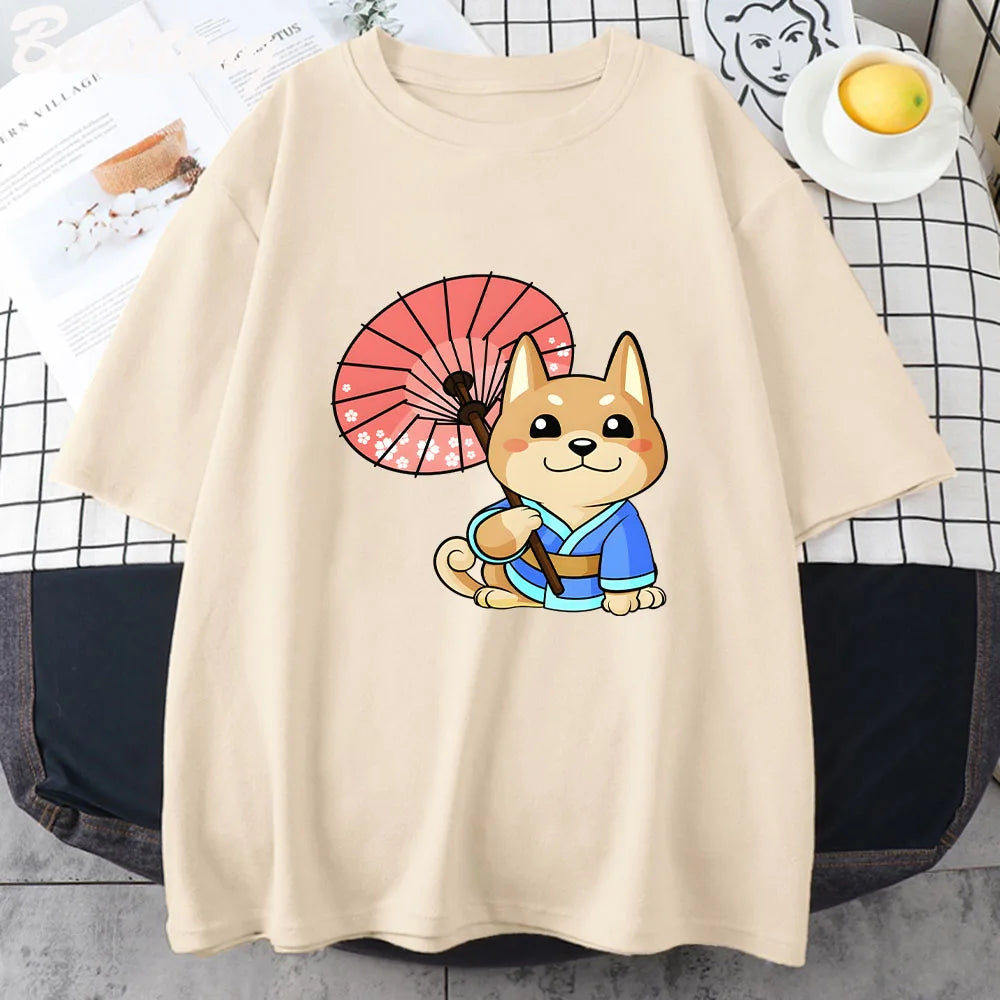 Anime Kawaii Dog Cartoon Graphic Print T-Shirt Short Sleeve 100% Cotton
