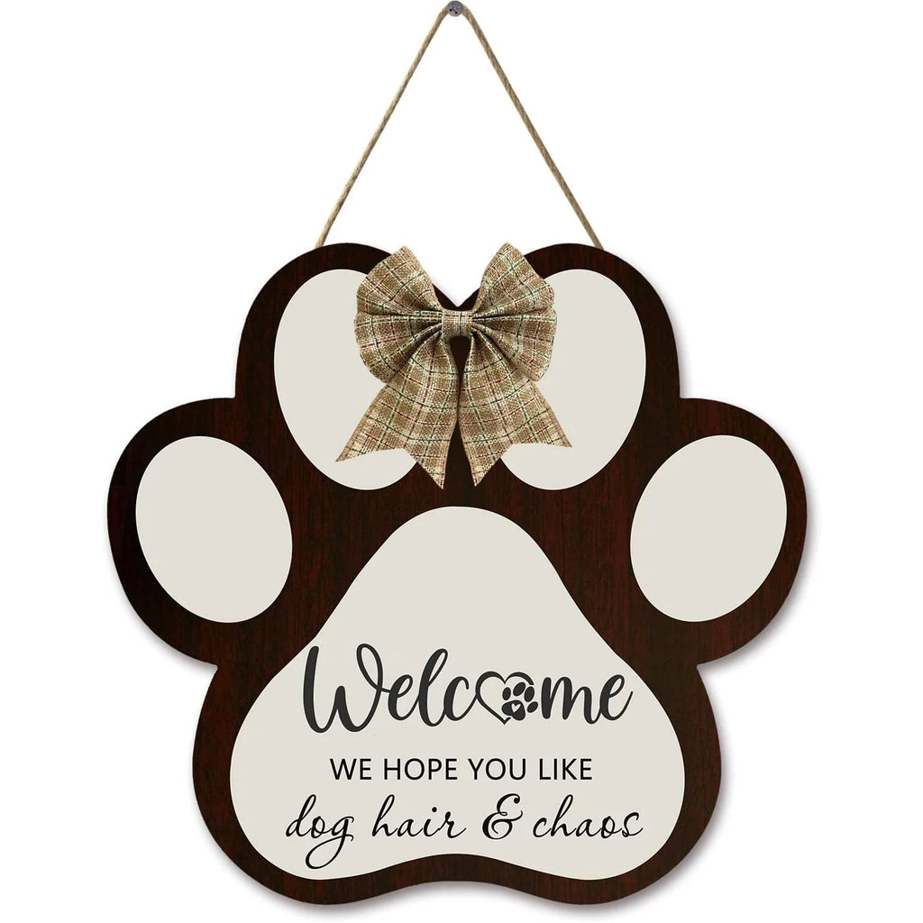 Dog Welcome Sign Wooden Plaque Hanging Paw