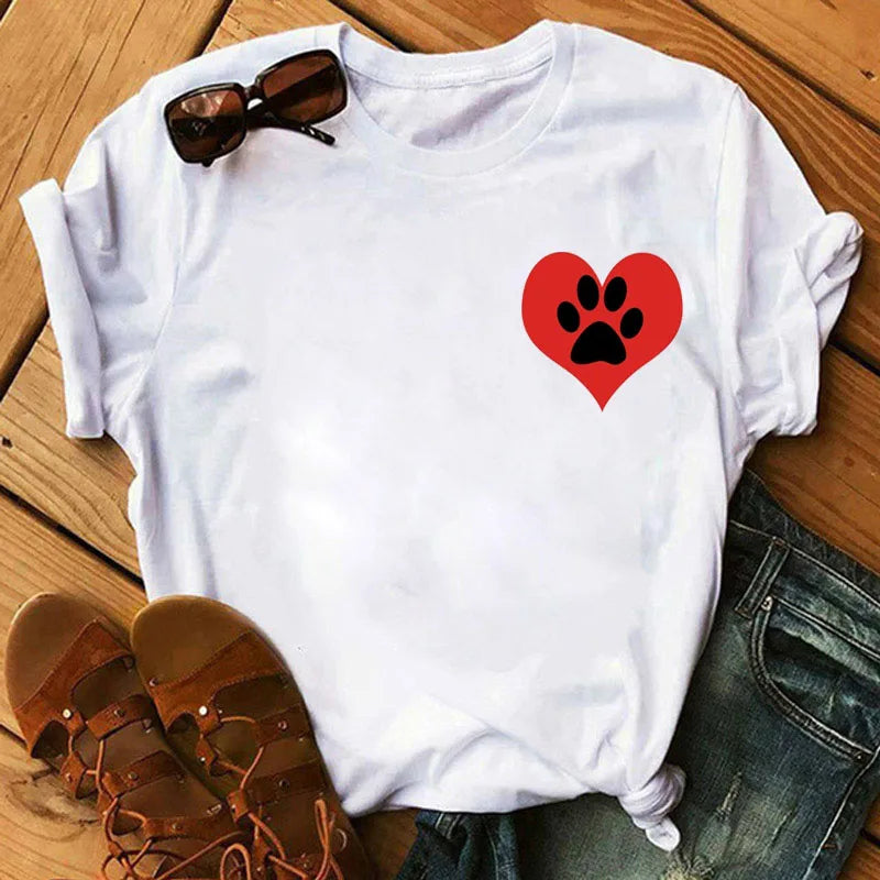 Colorful Heart Dog Paw Print T-shirt Summer Short Sleeve Tee