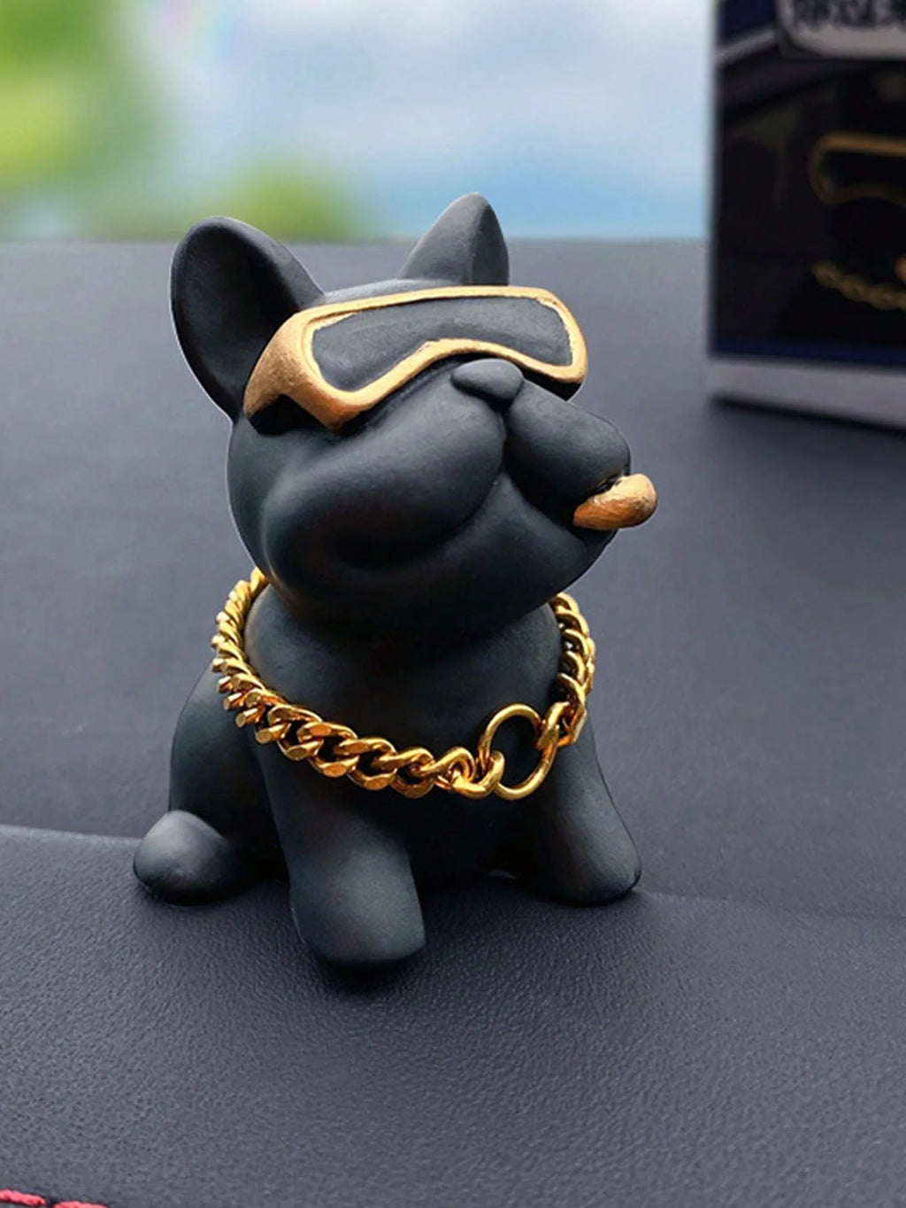 Cute Resin Bulldog Car Decoration With Gold Chain And Glasses – Fun Dashboard