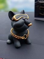 Cute Resin Bulldog Car Decoration With Gold Chain And Glasses – Fun Dashboard