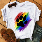 Colorful Heart Dog Paw Print T-shirt Summer Short Sleeve Tee