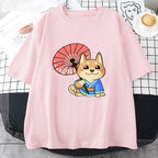 Anime Kawaii Dog Cartoon Graphic Print T-Shirt Short Sleeve 100% Cotton