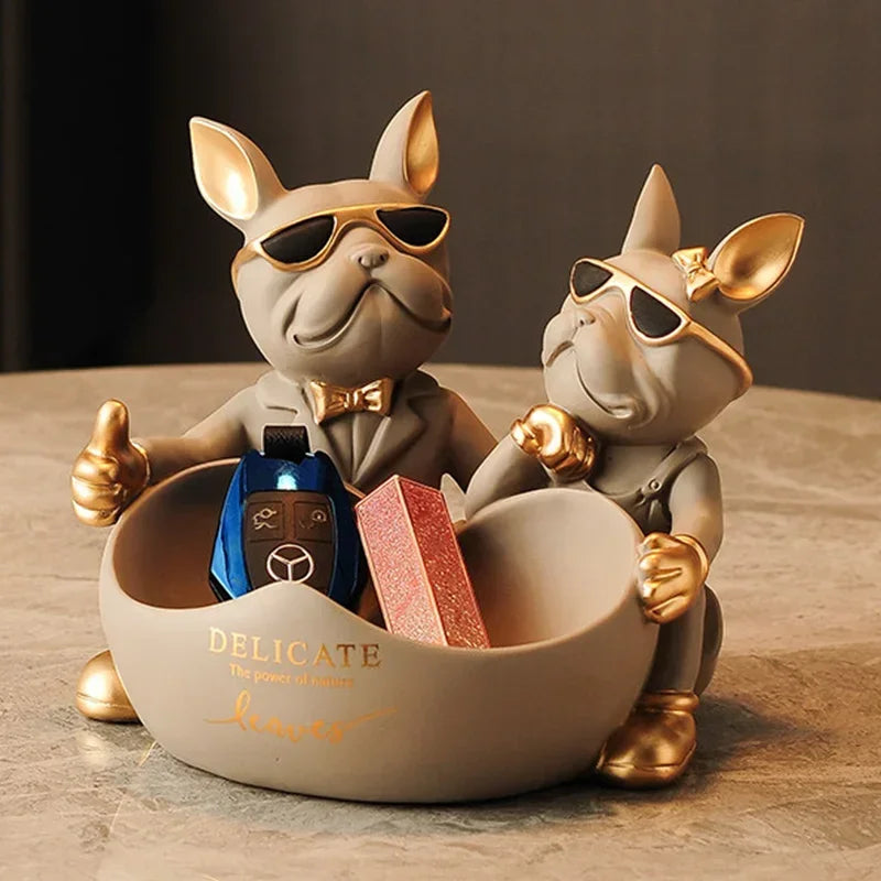 Lovers Bulldog Statue with Bowl Storage Box For Keys Jewelry French Bulldog Figurine